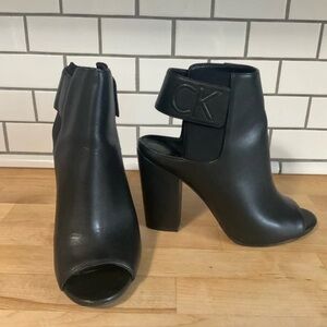 Calvin Klein Black Leather Peep-Toe Ankle Boots with CK Strap